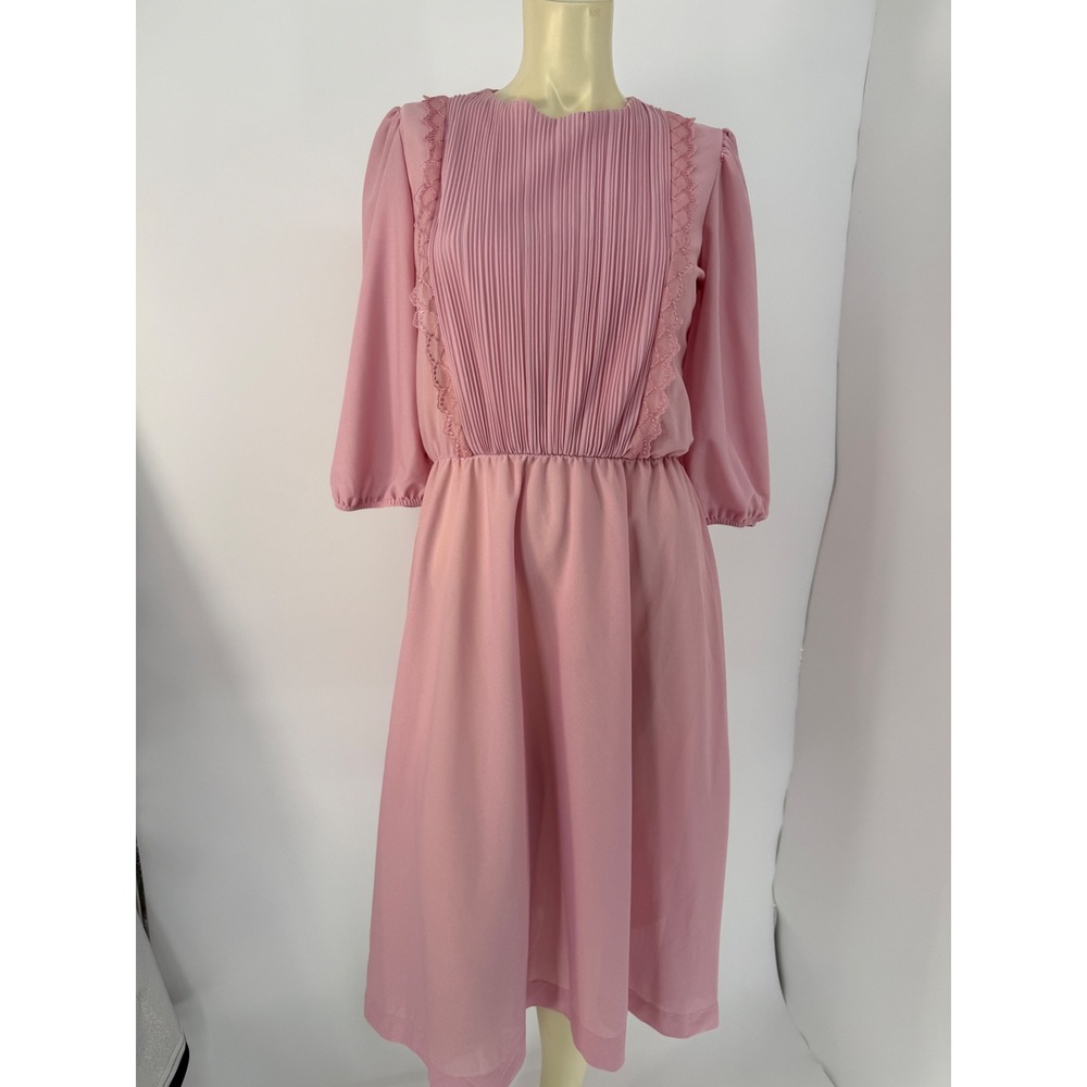 Vintage 1970s Sandi Dee Pink Pleated Midi Dress Prairie Cottagecore USA L
